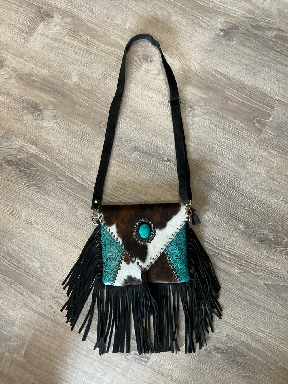 Fringe Crossbody Bag with Turquoise Accent